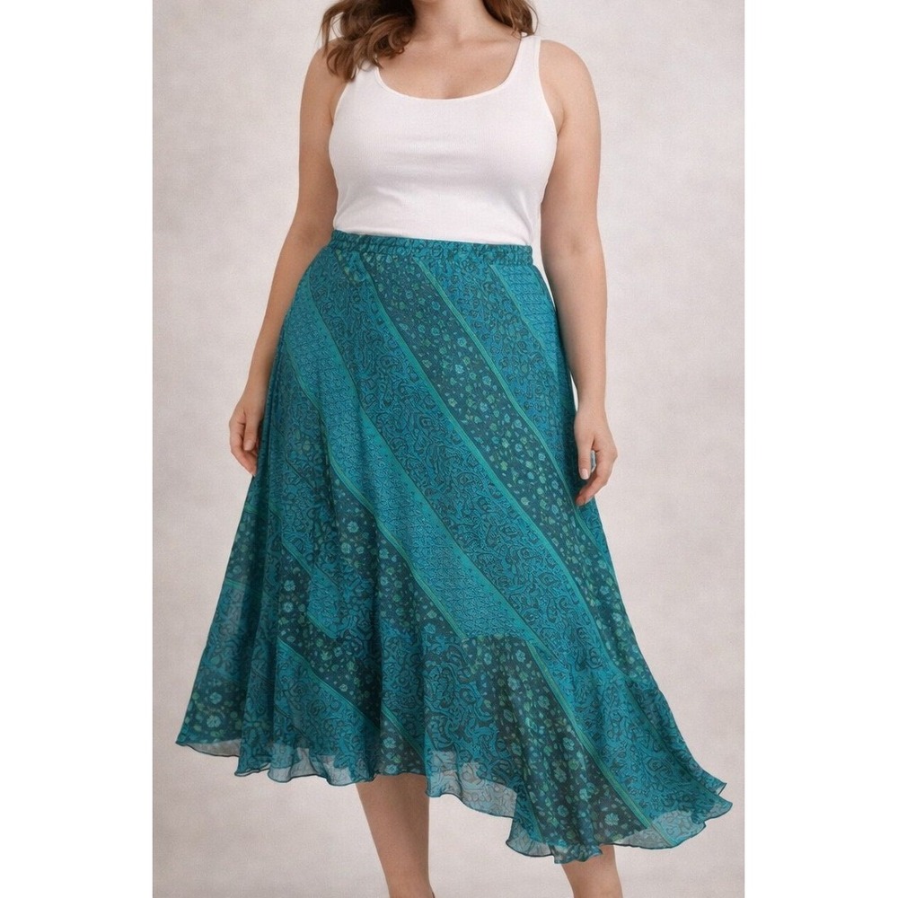 Asymmetric Chiffon Midi Skirt 20W Floral Paisley Boho Cottage Vintage 90s Y2K